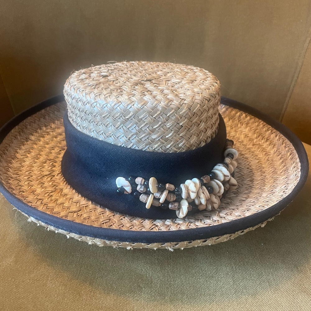 Eric Javits Chic Straw Hat with Black Band and Shell Accents